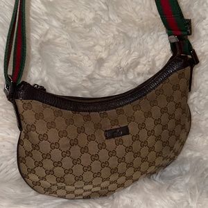 Vintage Gucci Monogram Web Medium Half Moon Hobo Dark Brown